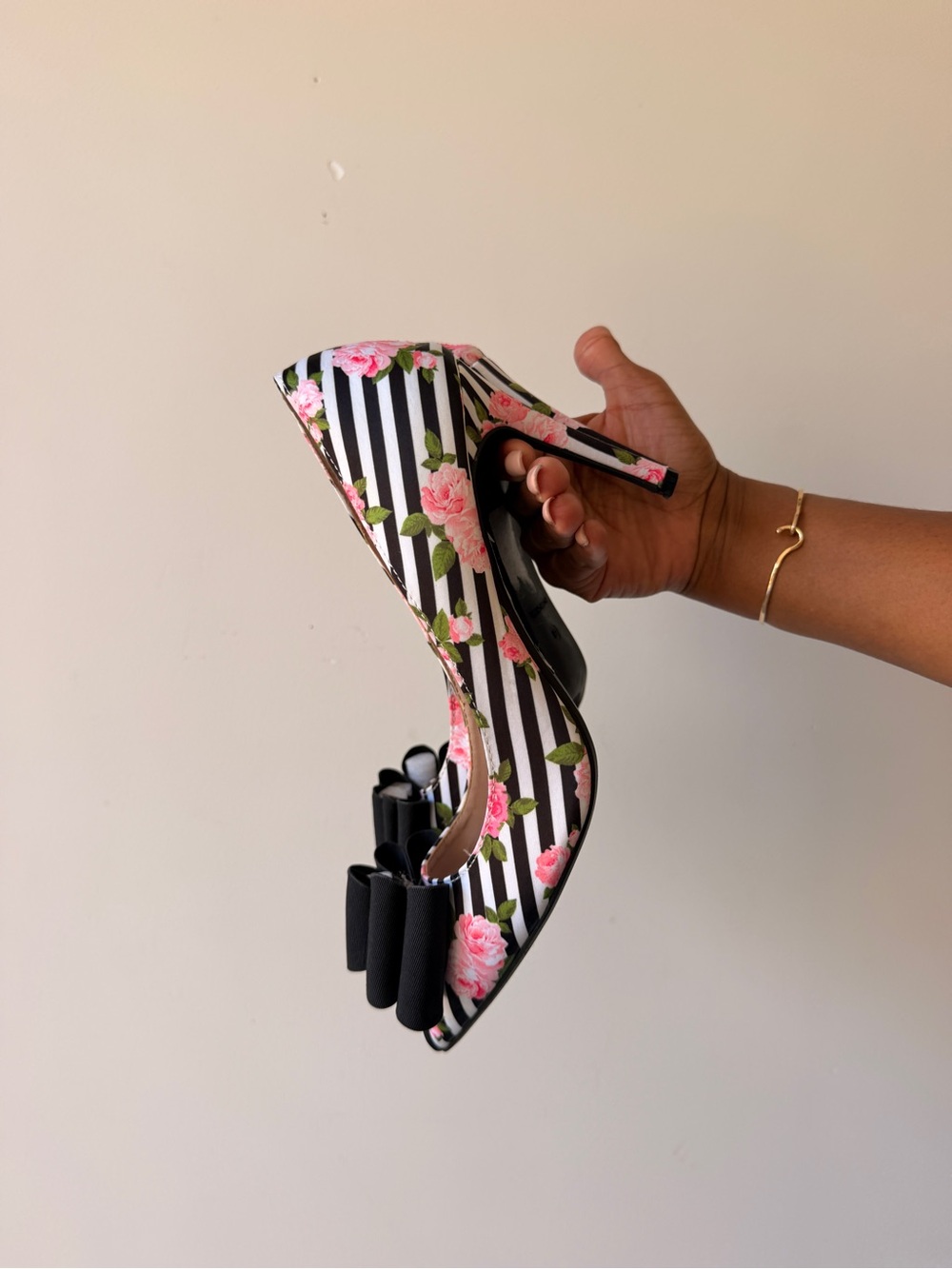 Betsey Johnson Black-and-White Striped Pump with Pink Floral Print and Bow